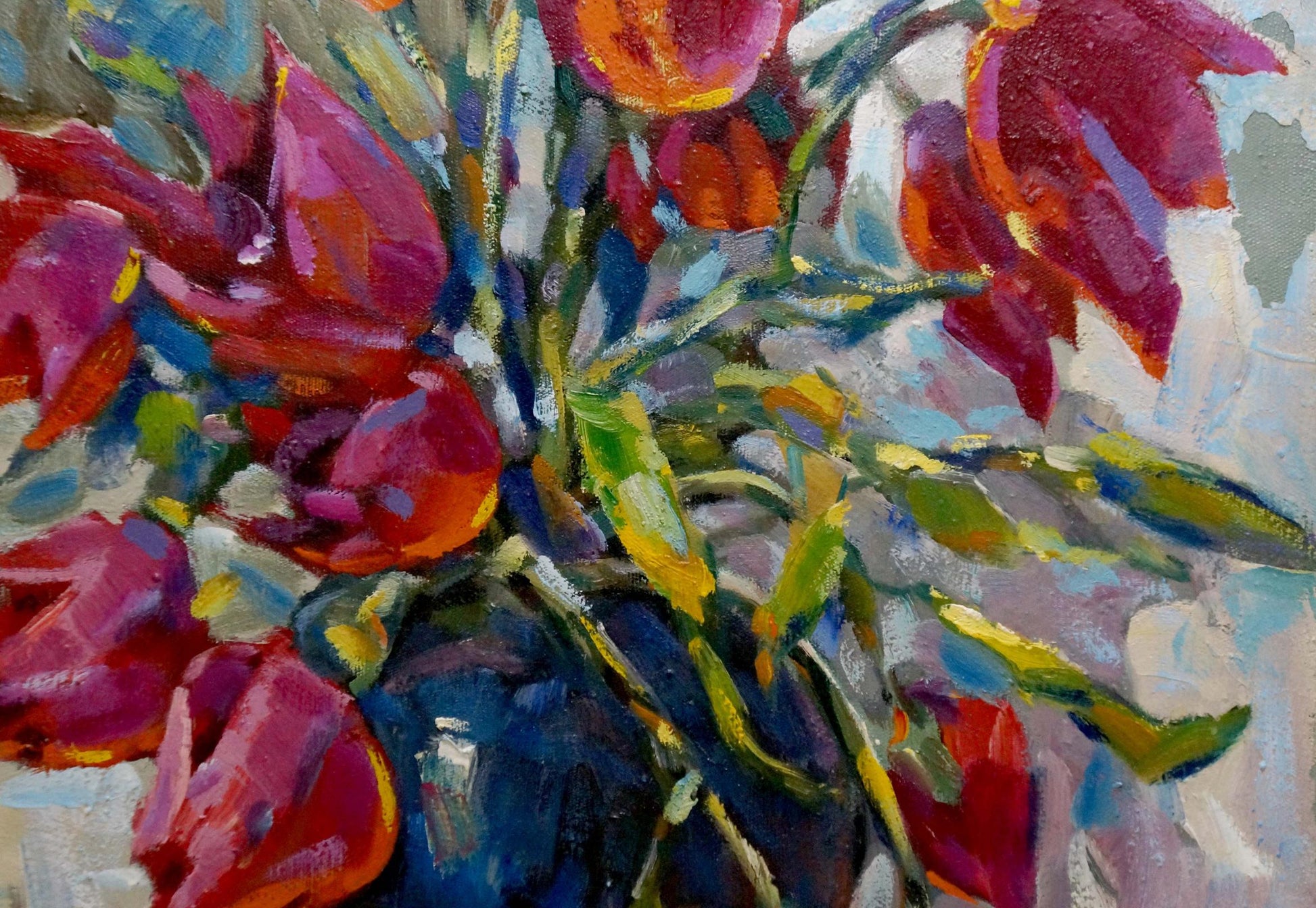 Oil painting of vibrant red orange tulips in dark blue vase by Bakaev Sergey Ivanovich
