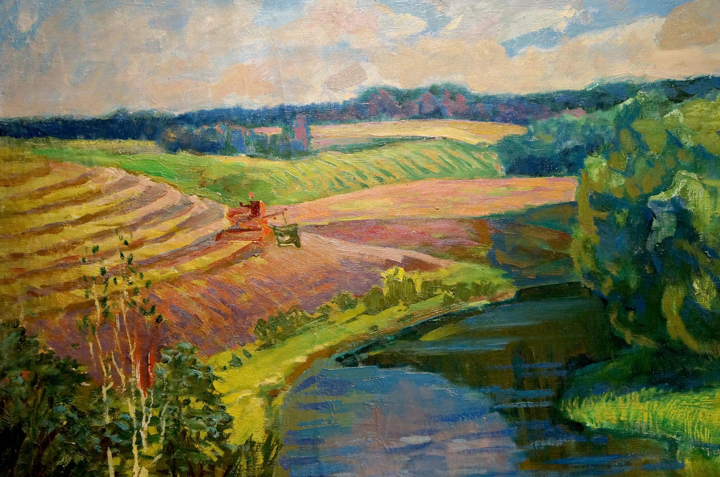 Vibrant impressionist oil painting of red harvester by river with ducks