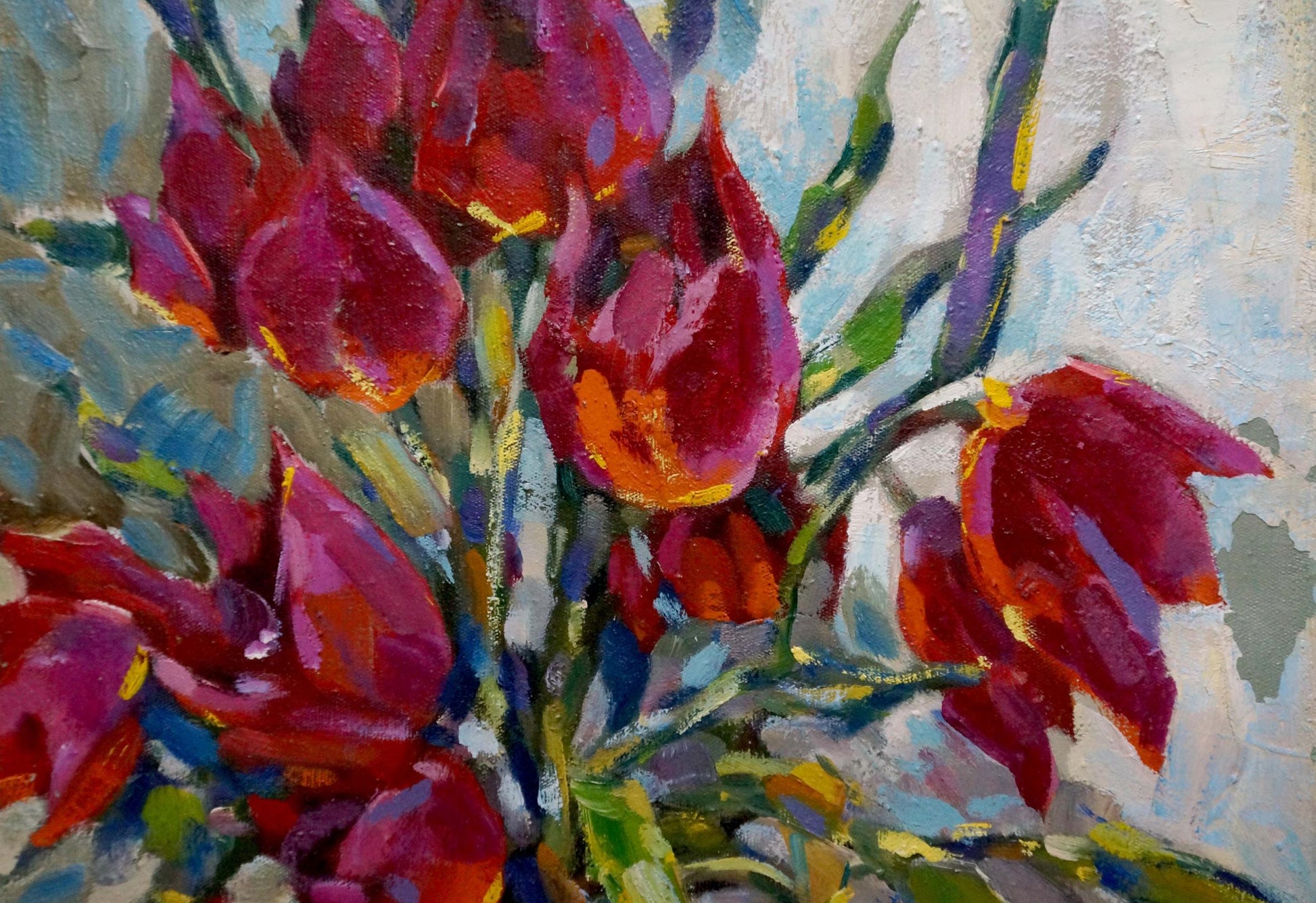 Vibrant red magenta tulips with orange centers oil painting by Bakaev Sergey Ivanovich