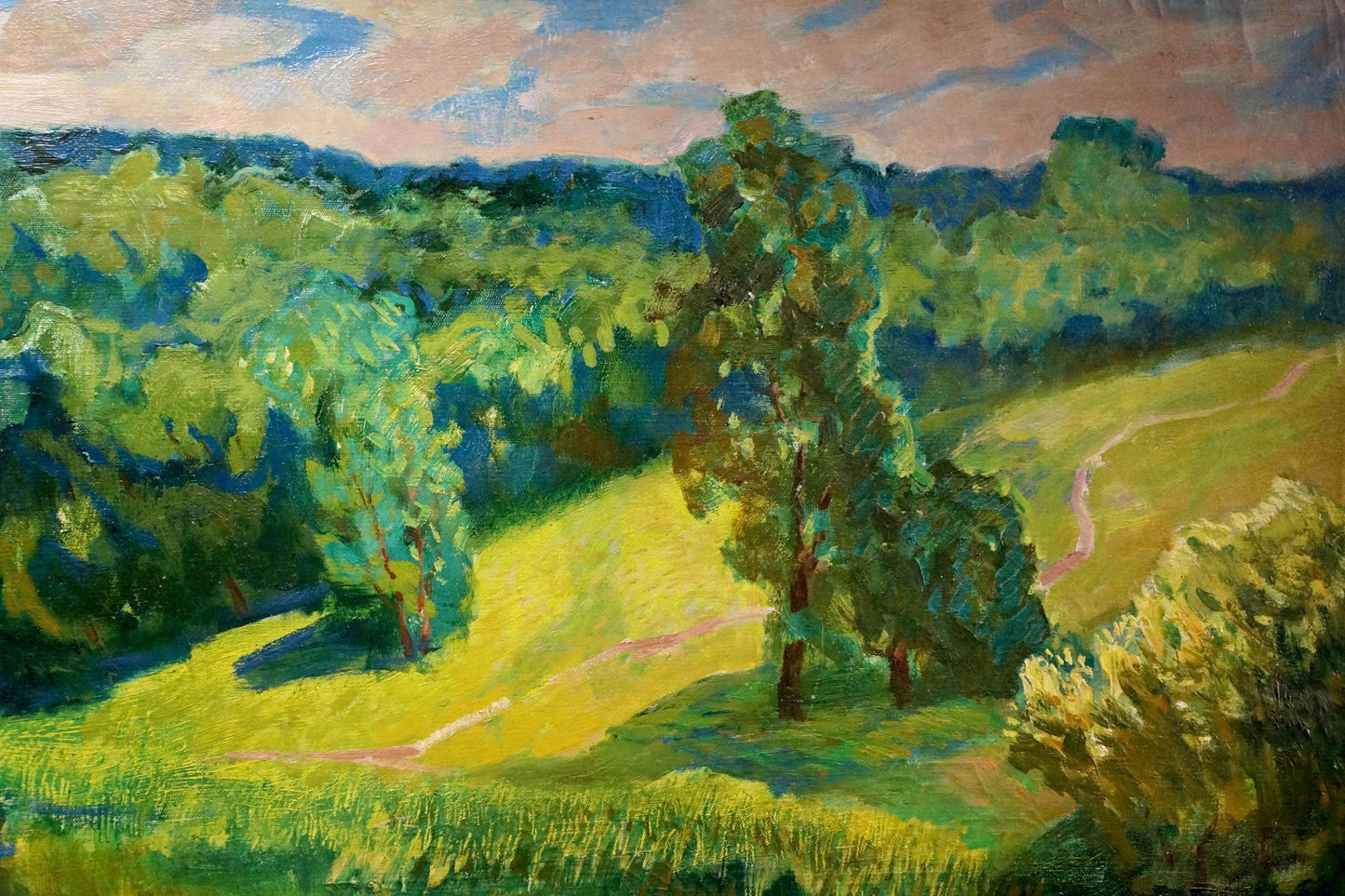 Vibrant impressionist landscape with ducks on river, green hills, trees, path, pink sky