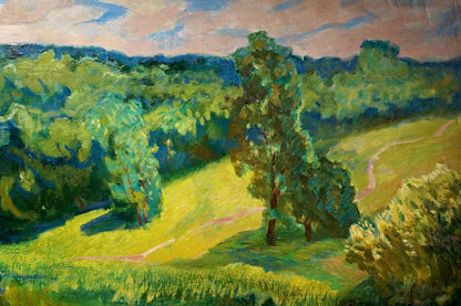 Vibrant impressionist landscape with ducks on river, green hills, trees, path, pink sky