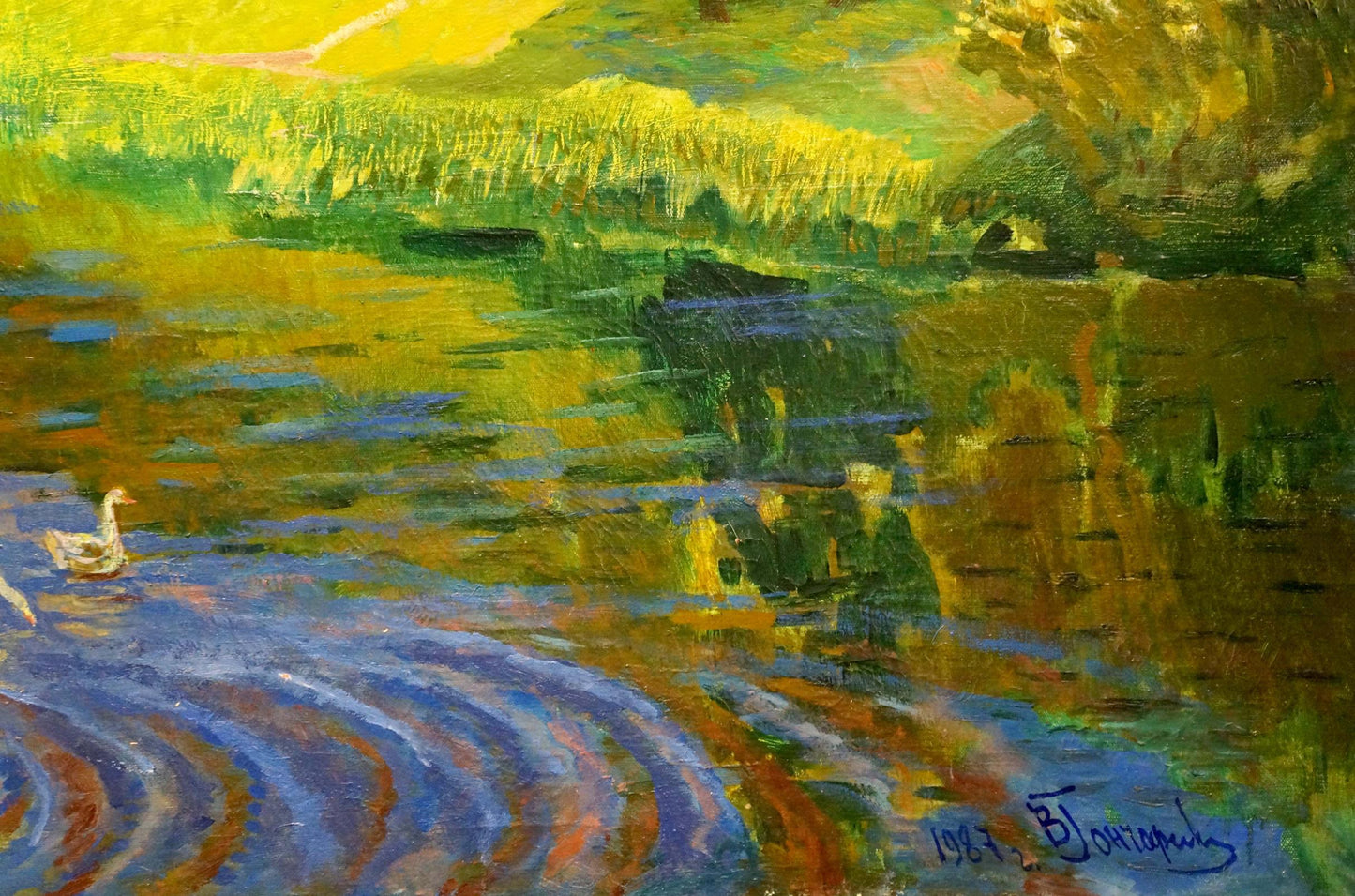 Vibrant oil painting of ducks swimming on river by unknown artist