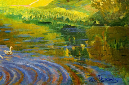 Vibrant oil painting of ducks swimming on river by unknown artist