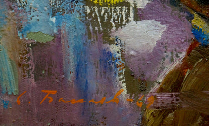 Oil painting of tulips by Bakaev Sergey Ivanovich in abstract purple blue ochre strokes