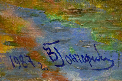 Back of oil painting Ducks swim on the river with blue ink signature and date