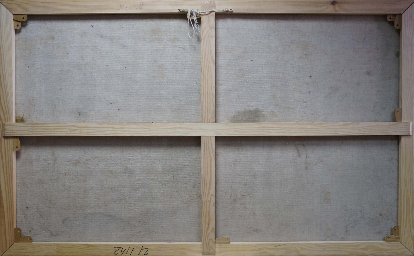 Back of light wooden cross-braced canvas frame for Ducks swim on river oil painting