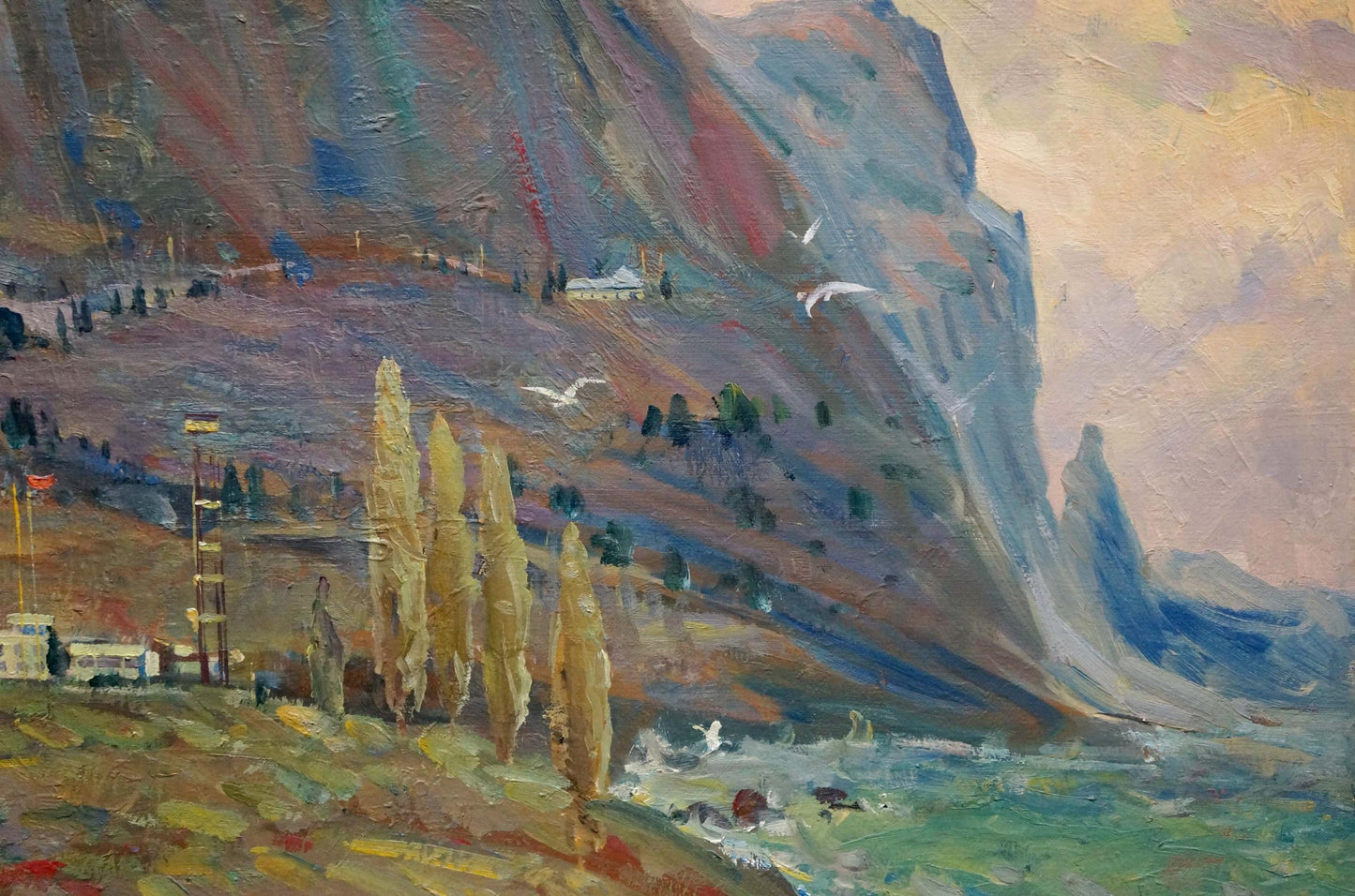 Oil painting of rugged coastal mountains near sea by unknown artist