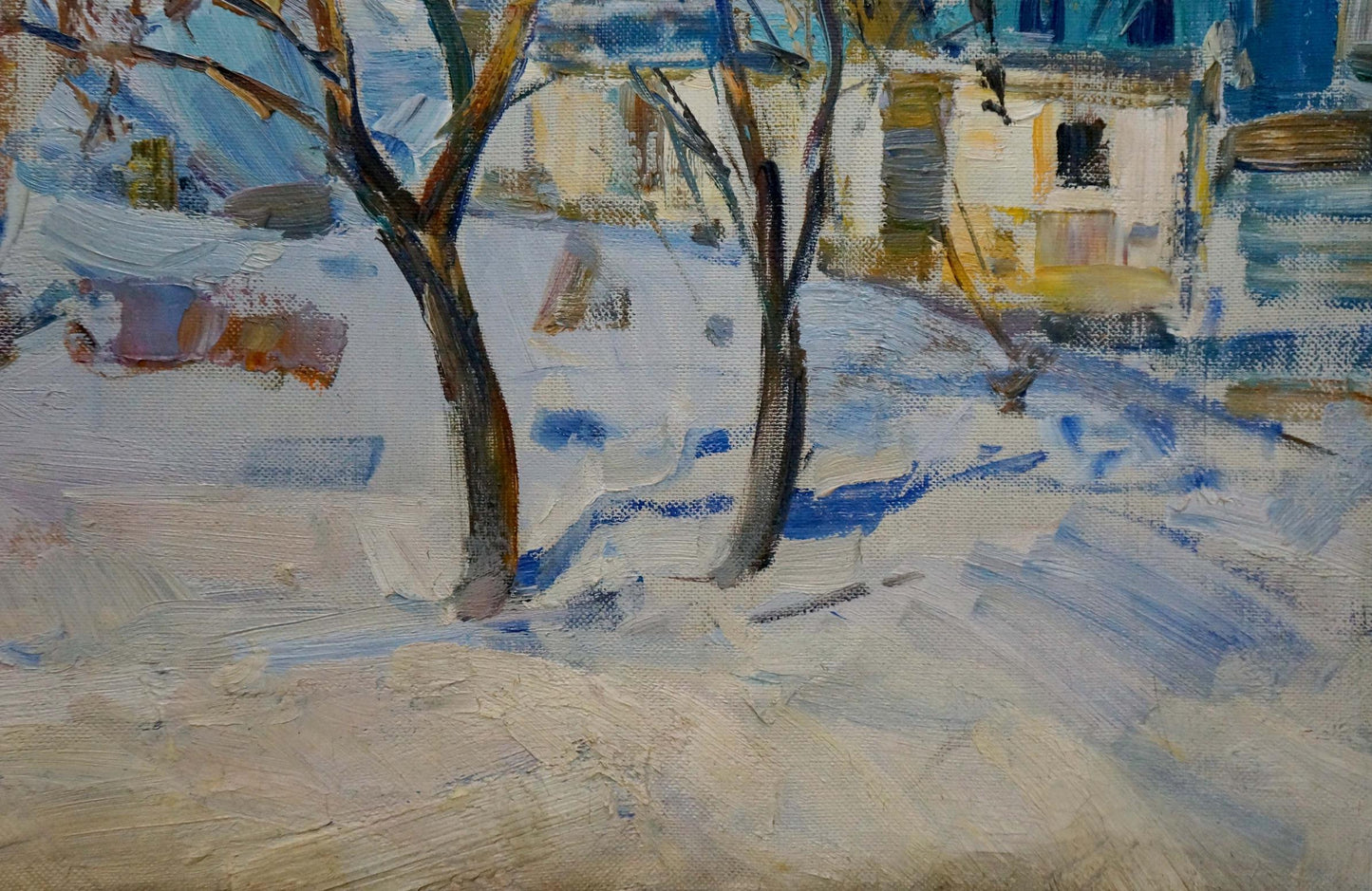 Oil painting Snow in the city by Strelov Arkady Efimovich snowy landscape