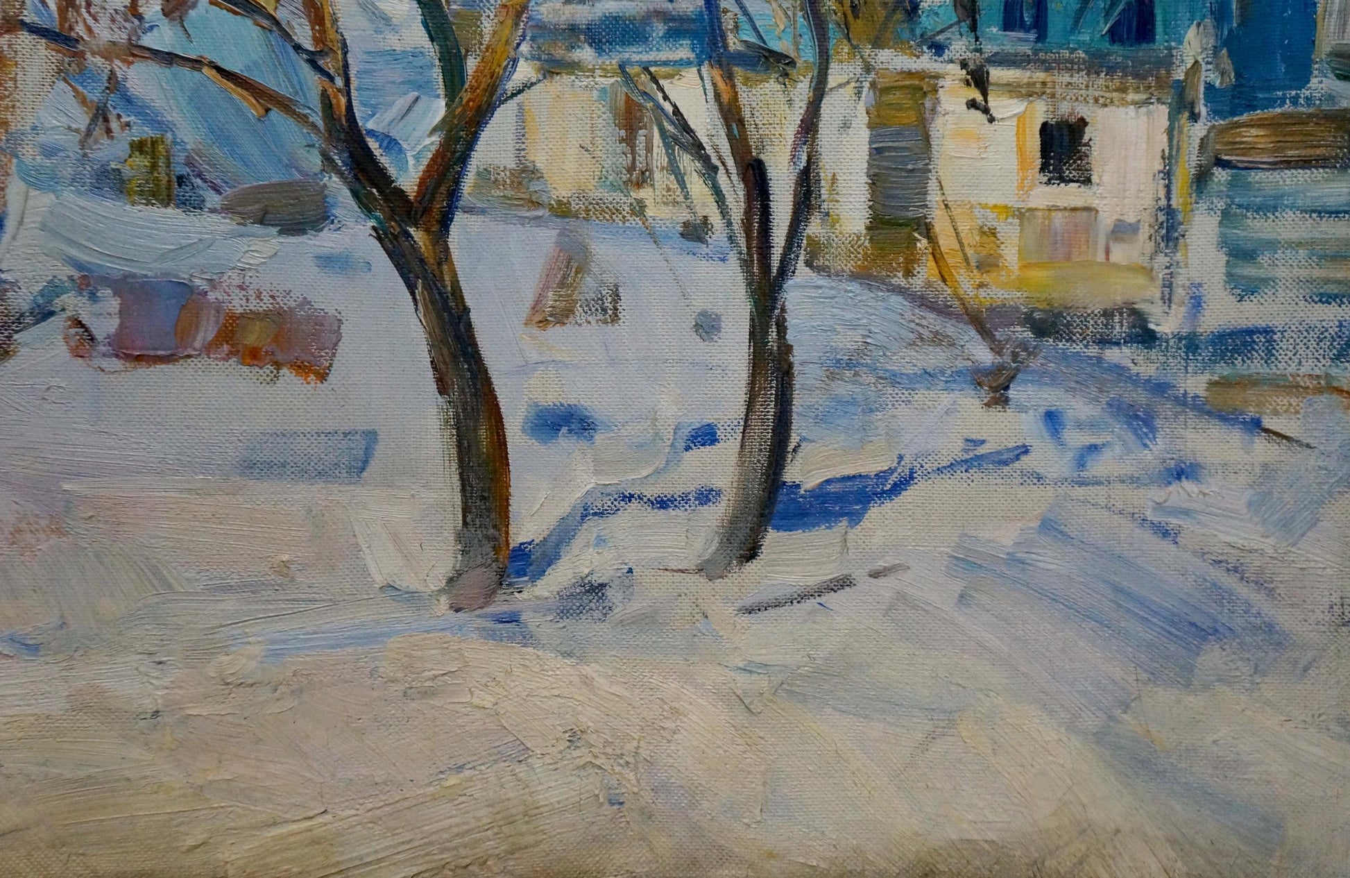 Oil painting Snow in the city by Strelov Arkady Efimovich snowy landscape