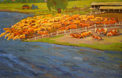 An unidentified artist's oil painting of cows near a river