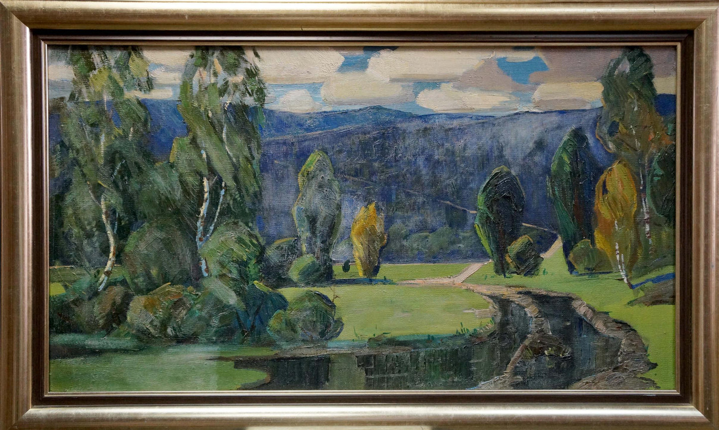 Framed oil painting Creek in the Woods serene landscape with pond