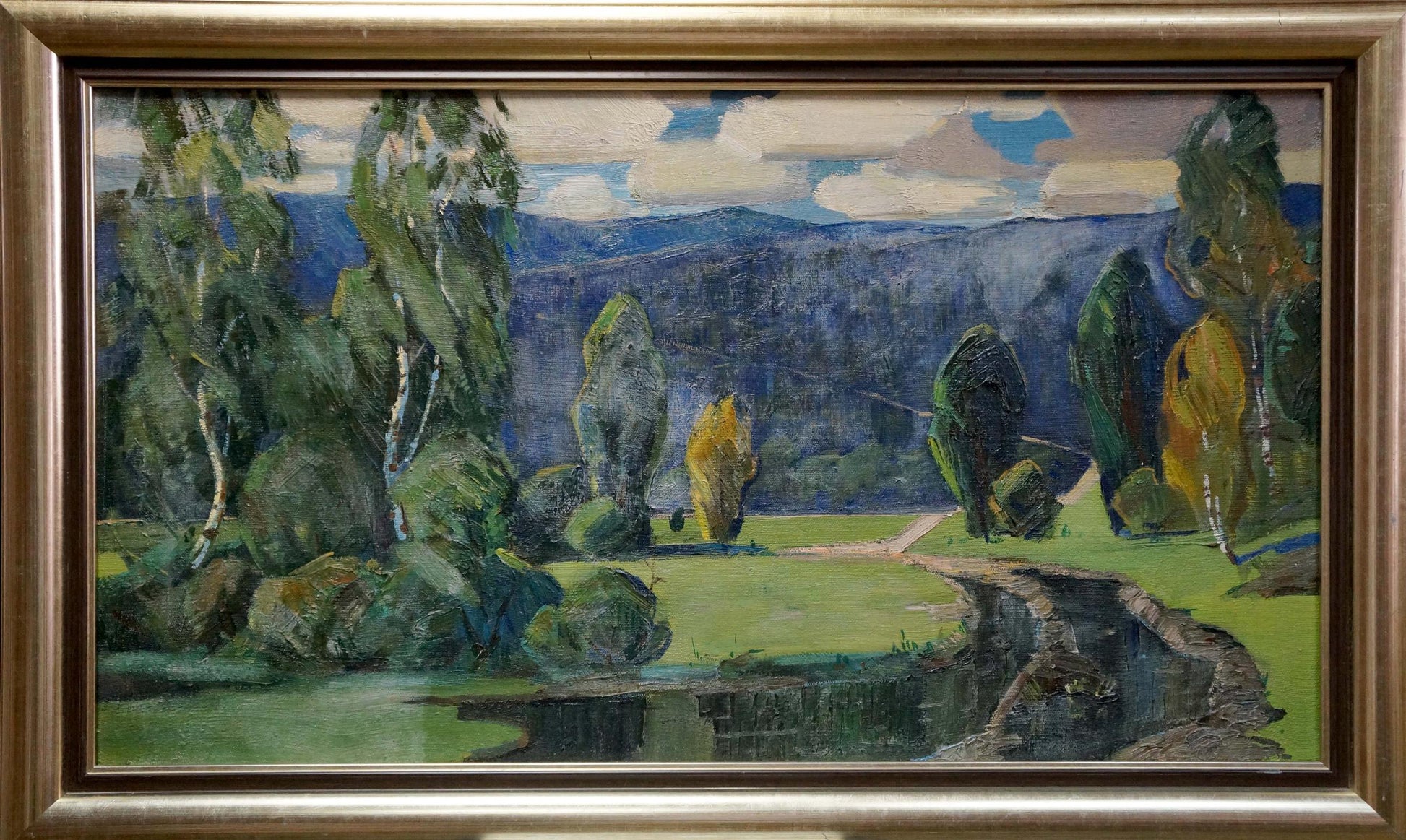 Framed oil painting Creek in the Woods serene landscape with pond