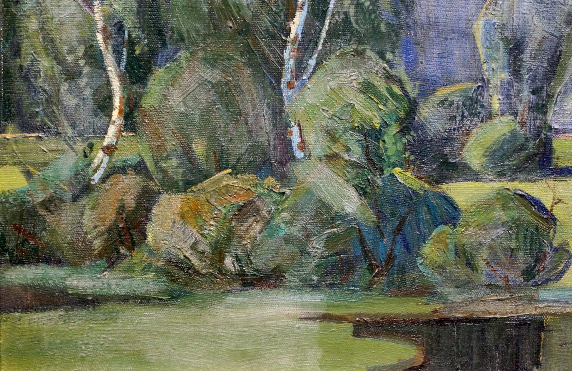 Textured oil painting of creek in the woods with birch trees and foliage