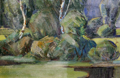 Textured oil painting of creek in the woods with birch trees and foliage