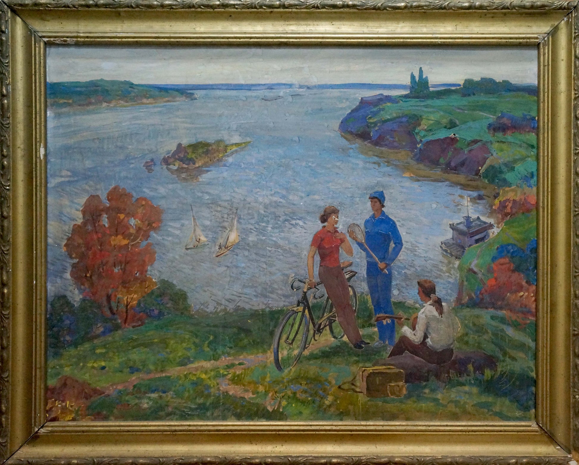 Oil painting by Native Lednev V.I. of riverside with figures, autumn trees, sailboats