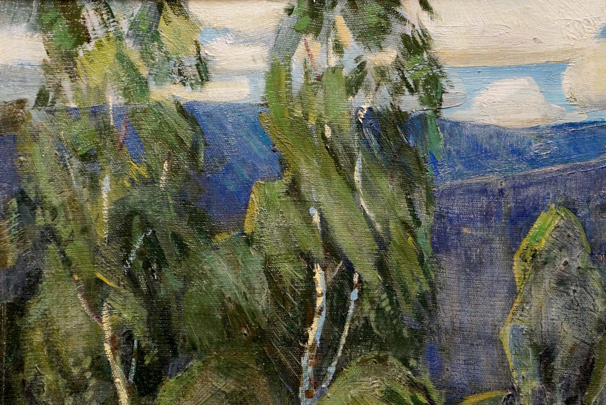 Oil painting of creek in birch woods by unknown artist