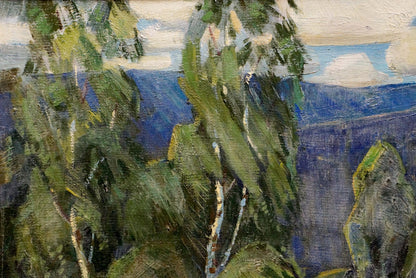 Oil painting of creek in birch woods by unknown artist