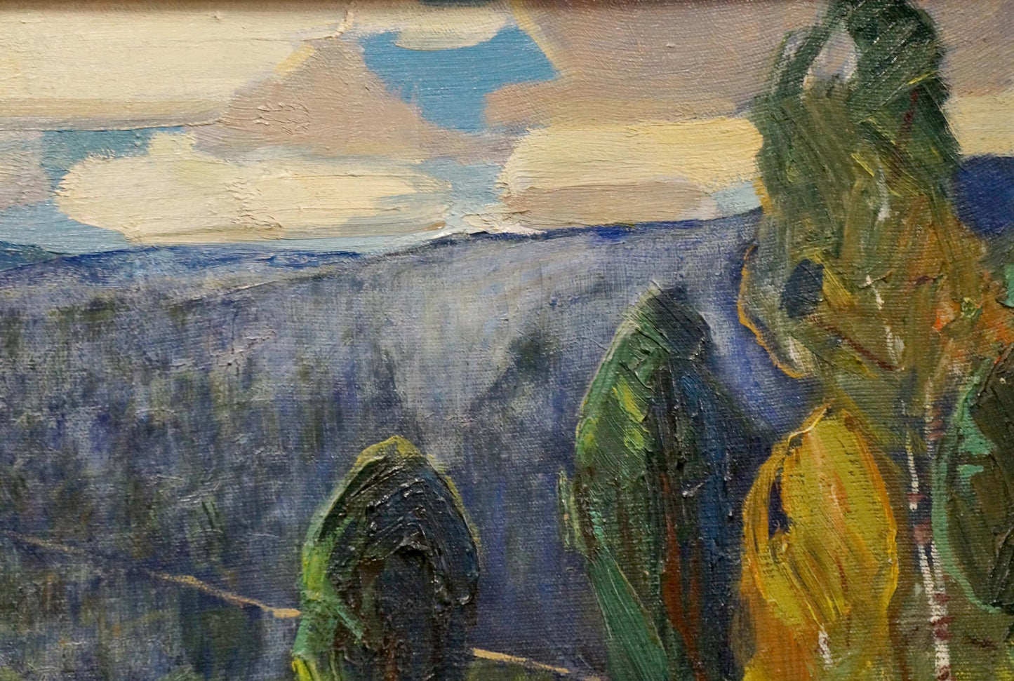 Oil painting Creek in the Woods: impressionistic green trees, blue sky