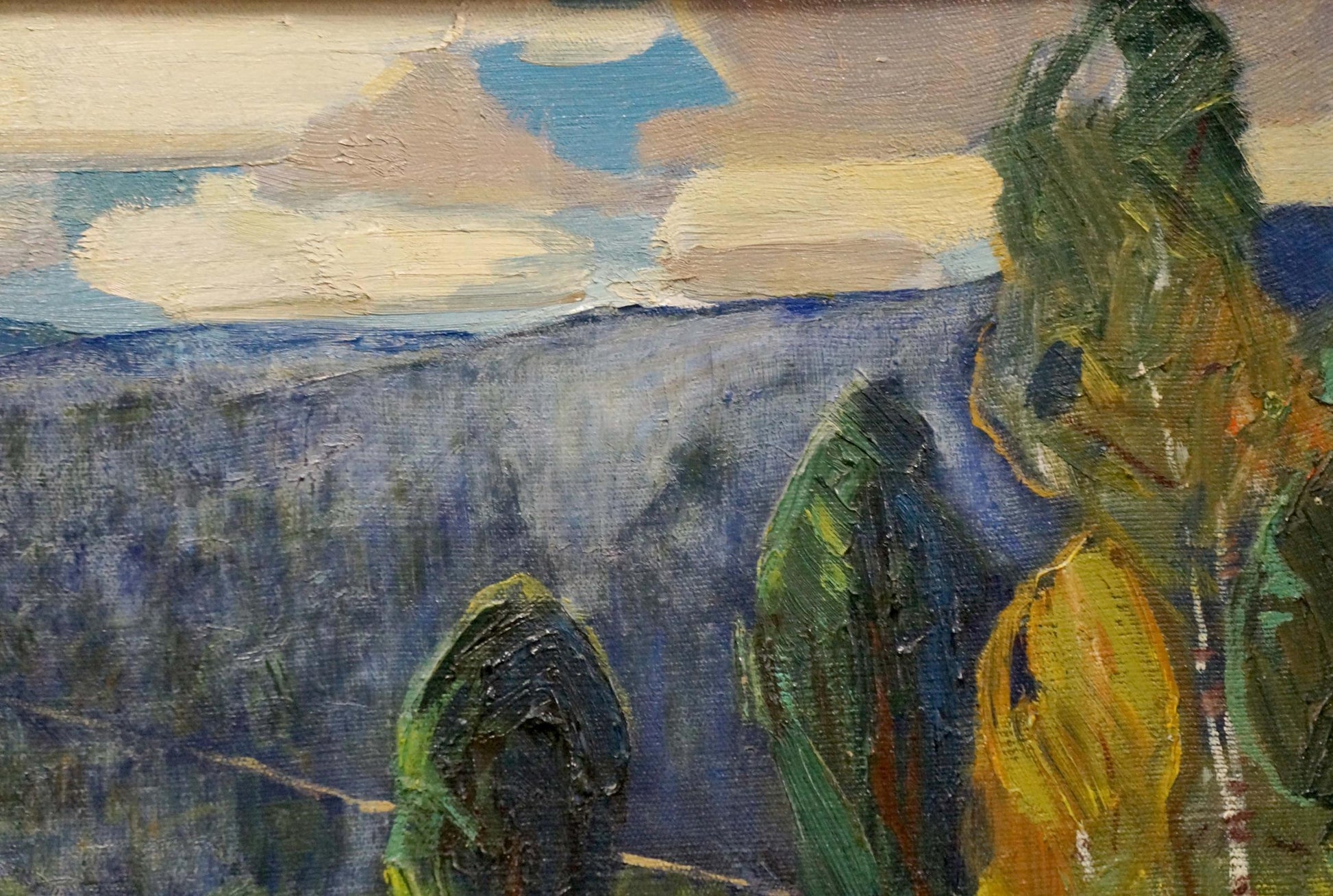 Oil painting Creek in the Woods: impressionistic green trees, blue sky