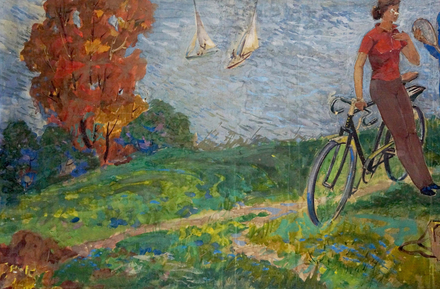 Oil painting by Native Lednev V. I. of black bicycle with yellow frame