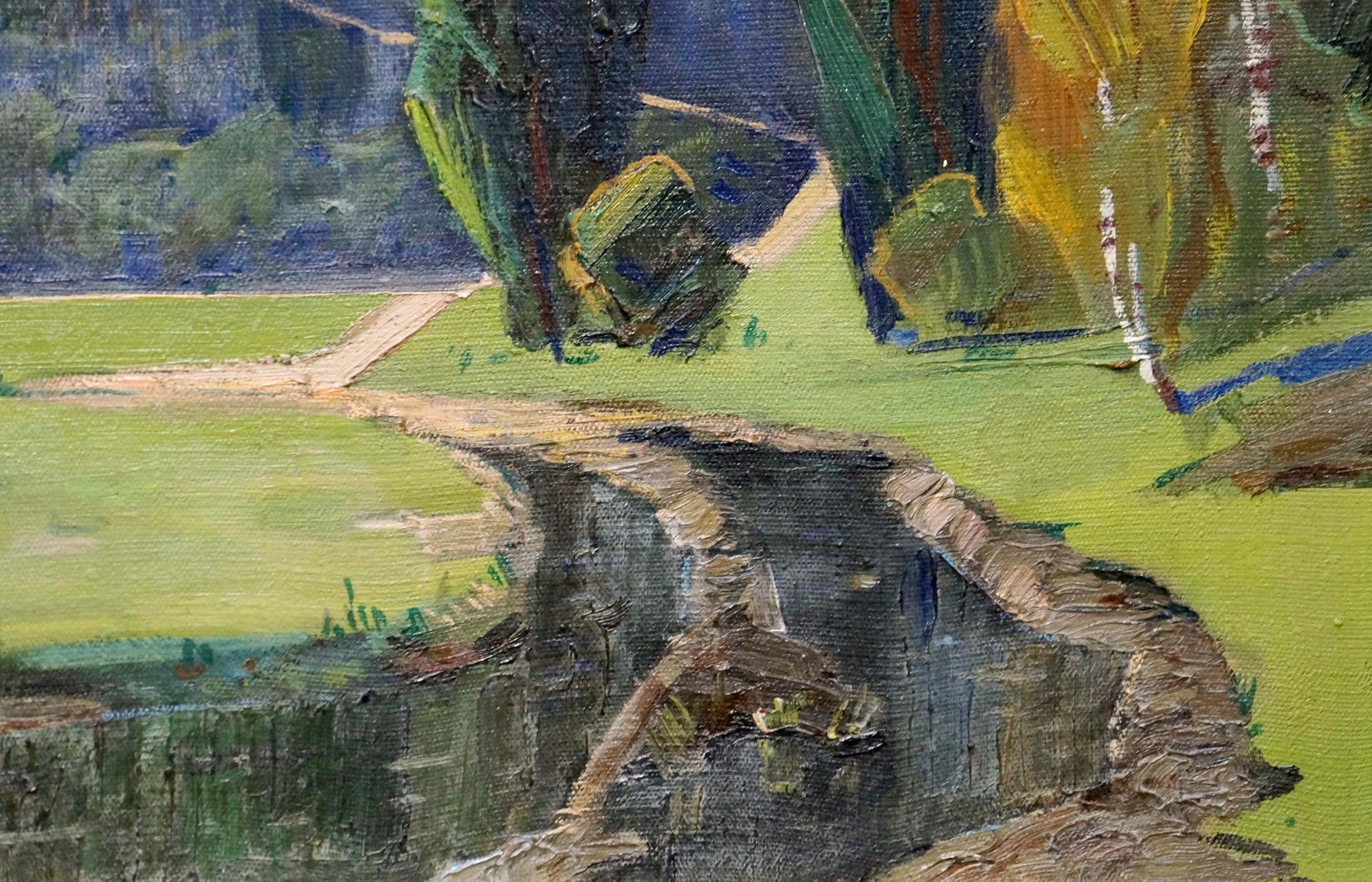 Oil painting Creek in the Woods: rustic stone bridge over dark waterway