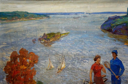 Vibrant impressionist oil painting by Native Lednev V. I. of river scene with figures, sailboats, autumn foliage