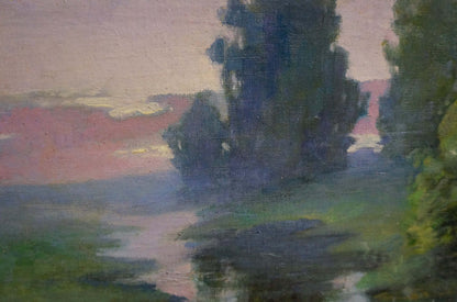 Oil painting Gifts of Nature by Nikolay Petrovich Krymov, tranquil river at dusk