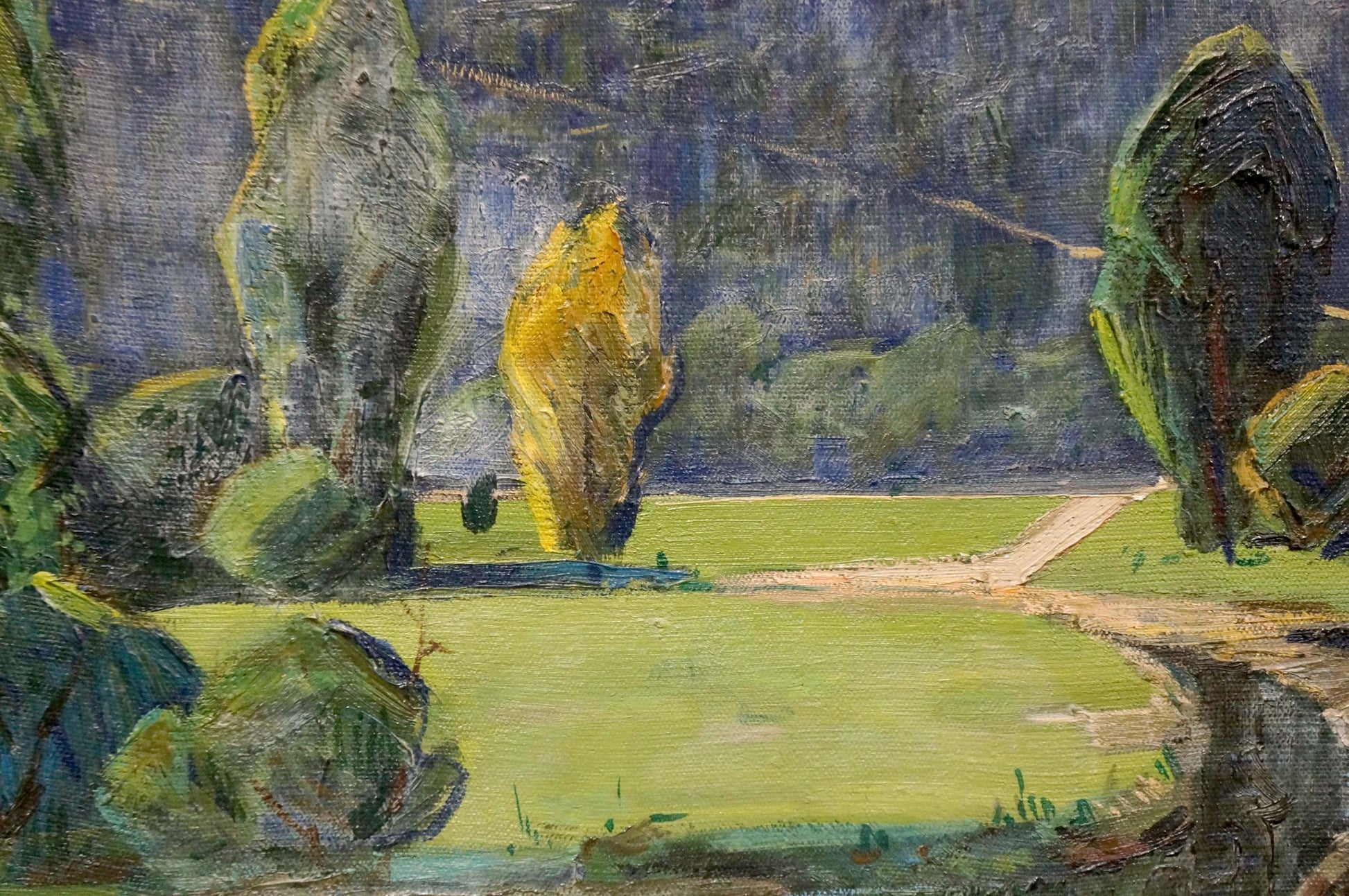 Vibrant impressionist oil painting Creek in the Woods with lush path and trees