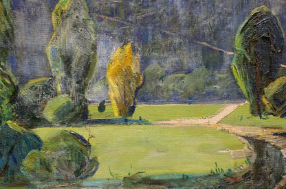 Vibrant impressionist oil painting Creek in the Woods with lush path and trees