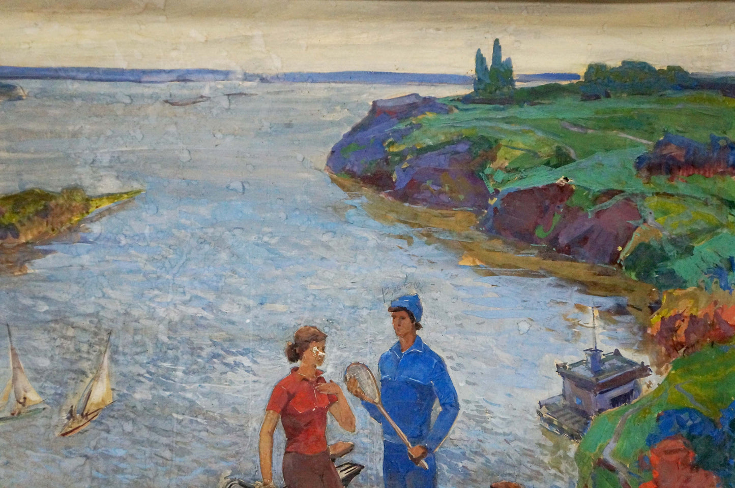 Oil painting by Native Lednev V. I. of couple by river with sailboats