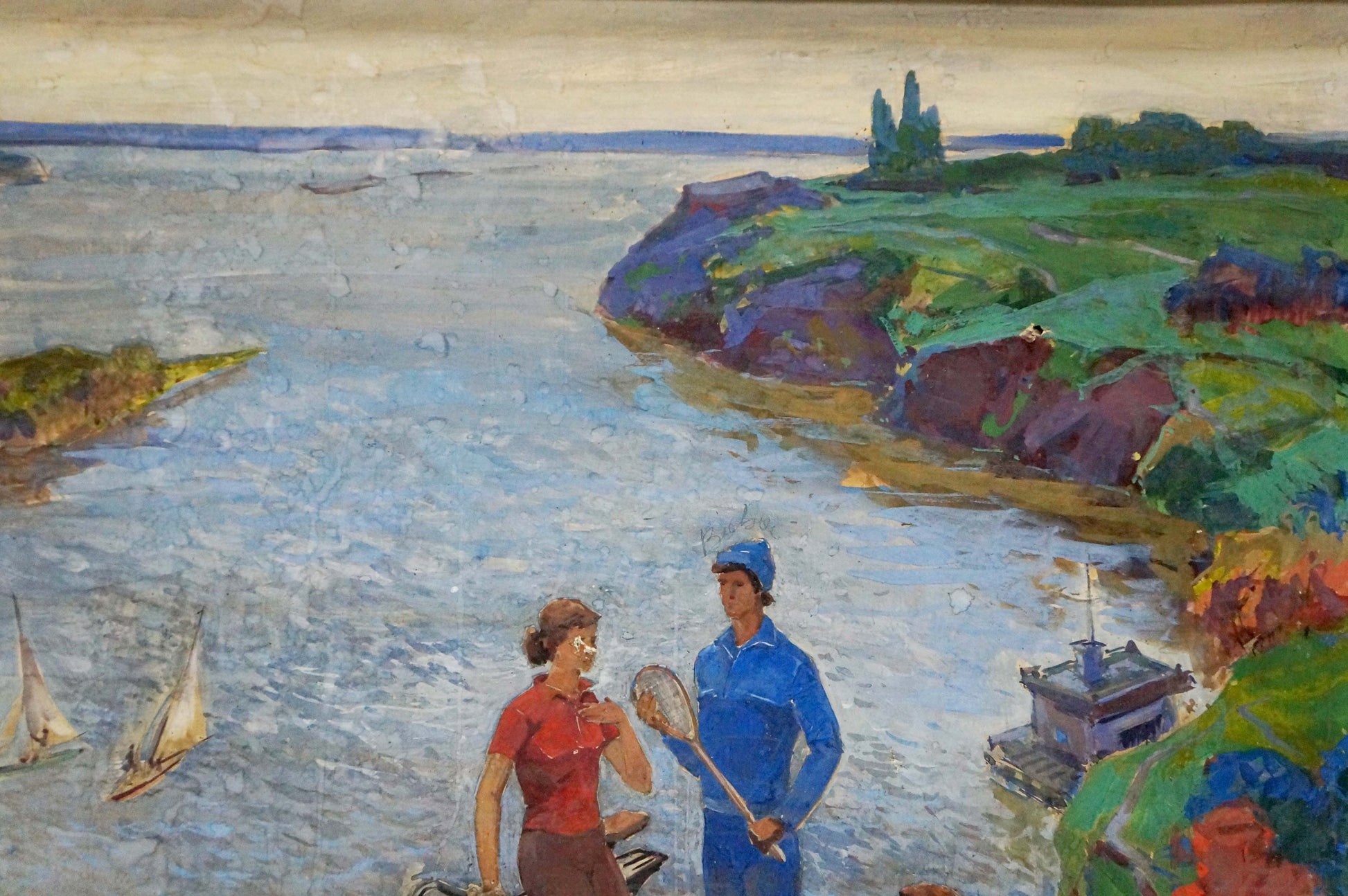 Oil painting by Native Lednev V. I. of couple by river with sailboats