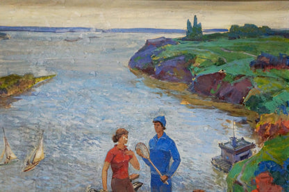 Oil painting by Native Lednev V. I. of couple by river with sailboats