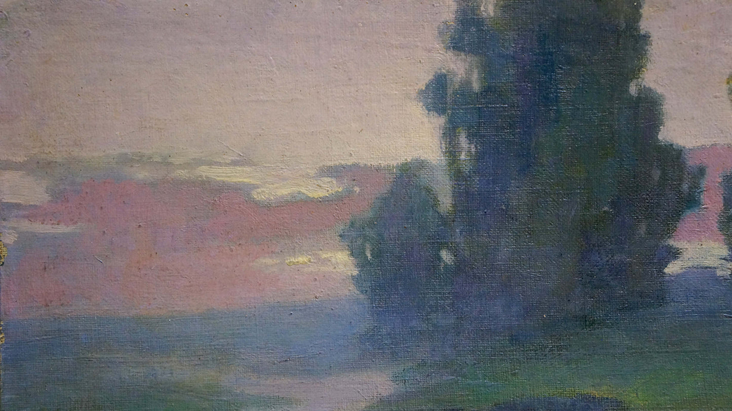 Oil painting Gifts of Nature by Nikolay Petrovich Krymov, tall green tree in pink sky