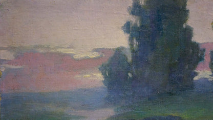 Oil painting Gifts of Nature by Nikolay Petrovich Krymov, tall green tree in pink sky