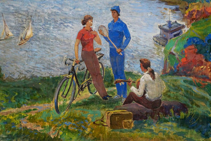 Oil painting by Native Lednev V.I.: vintage brown leather suitcase on grass by water