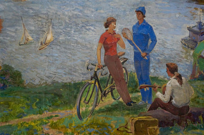 Oil painting by Native Lednev V.I. of vintage black bicycle with green accents