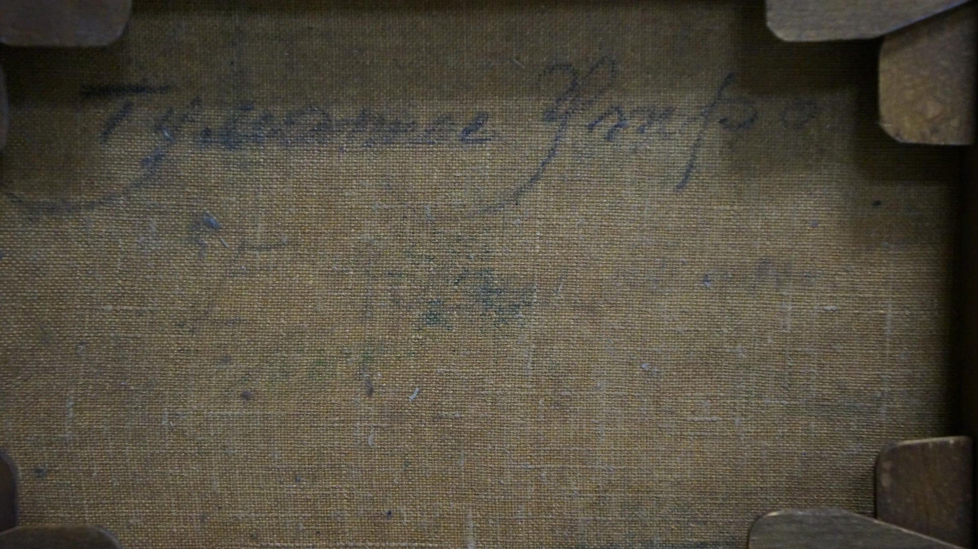 Back of Nikolay Petrovich Krymov Gifts of Nature oil painting with faded blue cursive handwriting