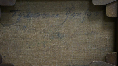 Back of Nikolay Petrovich Krymov Gifts of Nature oil painting with faded blue cursive handwriting