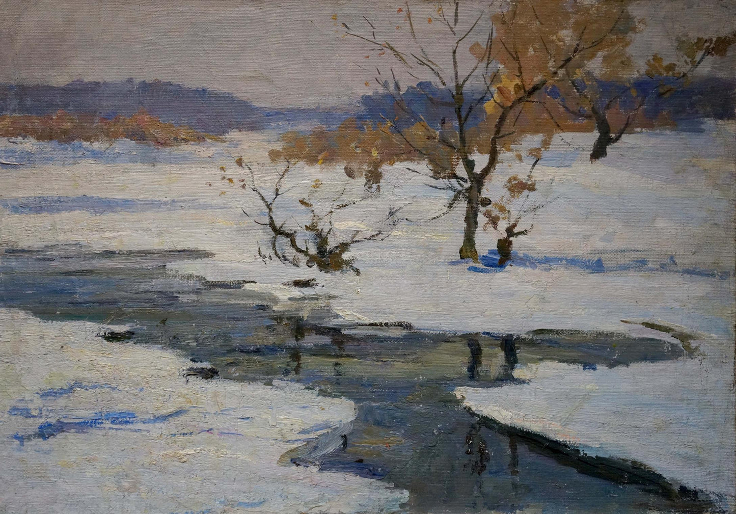 Serene winter oil painting by Kogan Boris Matveevich, snowy landscape