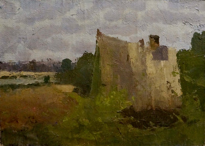 Weathered stone castle ruin with ivy-covered walls oil painting