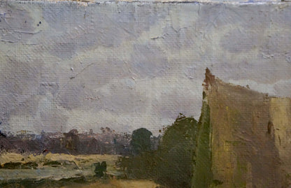 Impressionistic oil painting of weathered stone tower in forest camp under overcast sky