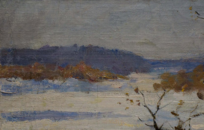 Oil painting Winter by Kogan Boris Matveevich: snowy river, autumn trees