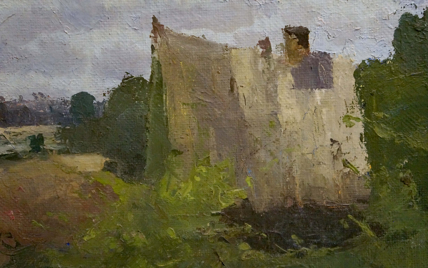 Oil painting of weathered stone ruin with ivy in forest camp