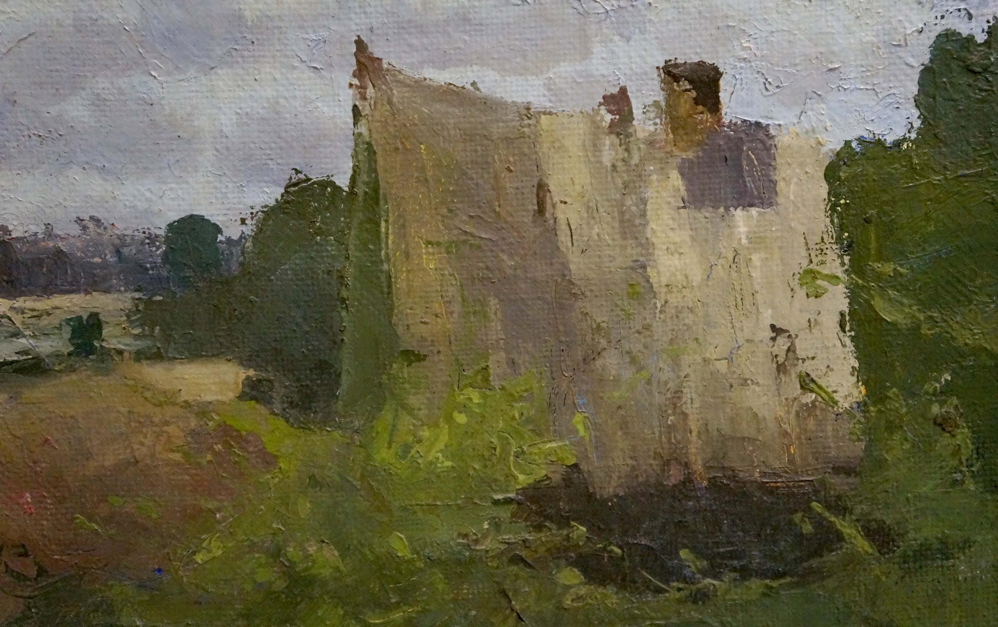 Oil painting of weathered stone ruin with ivy in forest camp