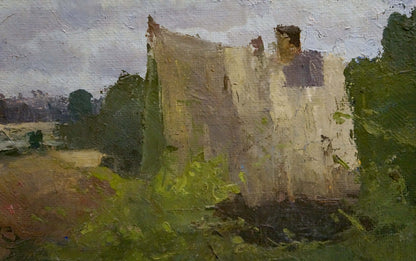 Oil painting of weathered stone ruin with ivy in forest camp