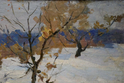 Oil painting Winter by Kogan Boris Matveevich: bare trees in snowy landscape