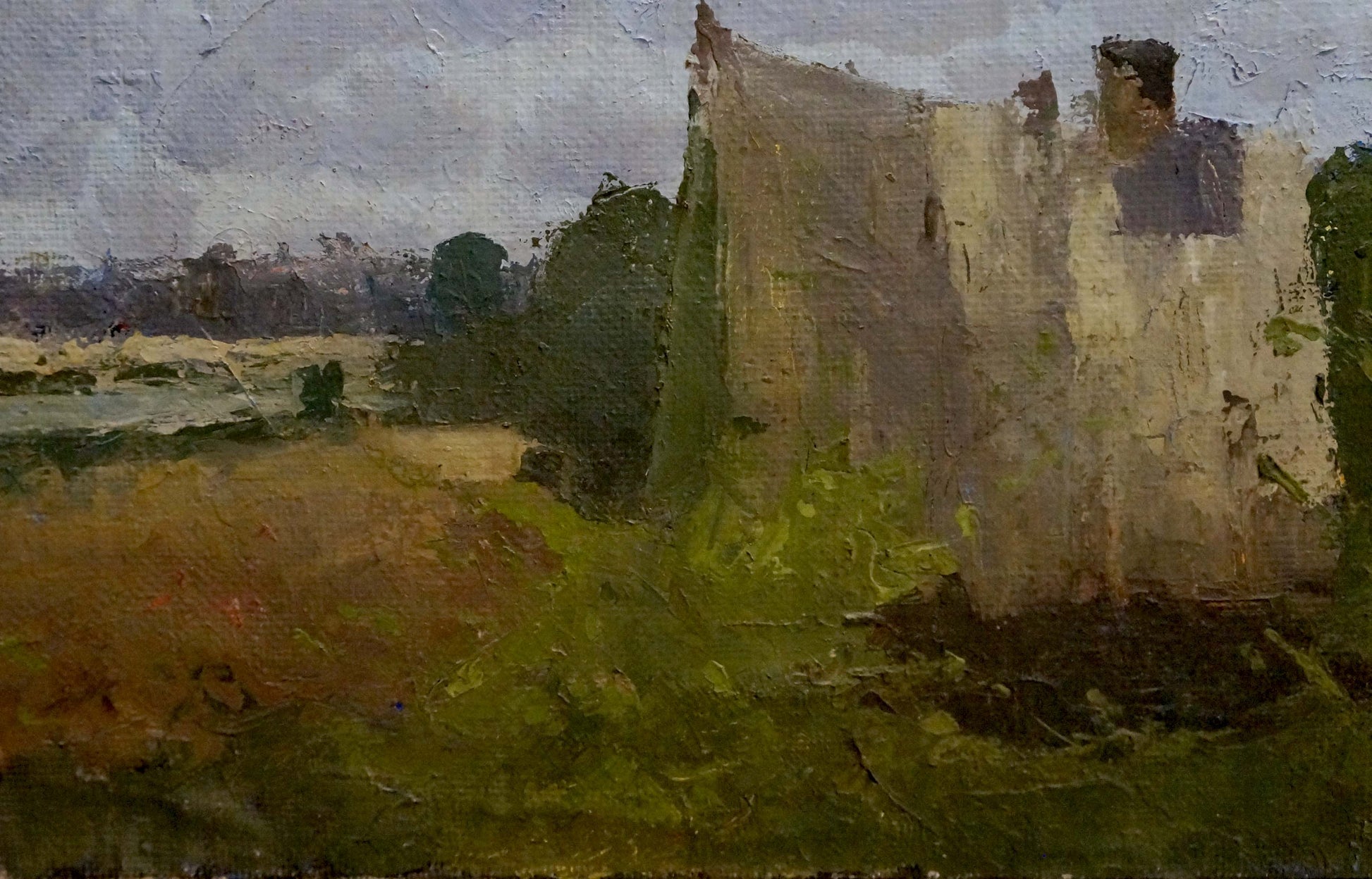 Oil painting of weathered stone castle ruin in lush green forest camp