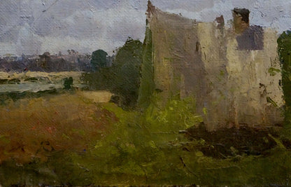 Oil painting of weathered stone castle ruin in lush green forest camp