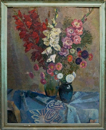 Oil painting by Khokhlov Fedor Ivanovich: vibrant flowers in blue vase