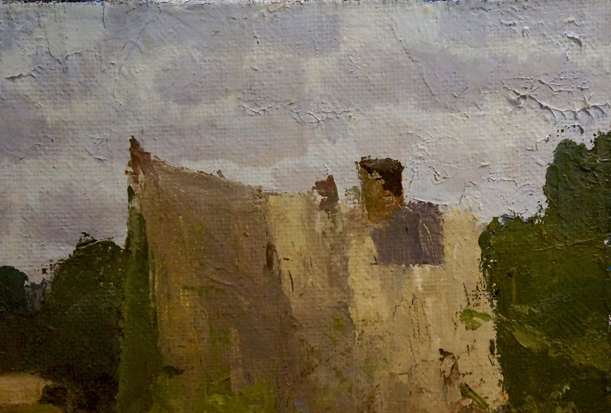 Oil painting of camp in forest: textured stone ruin with foliage